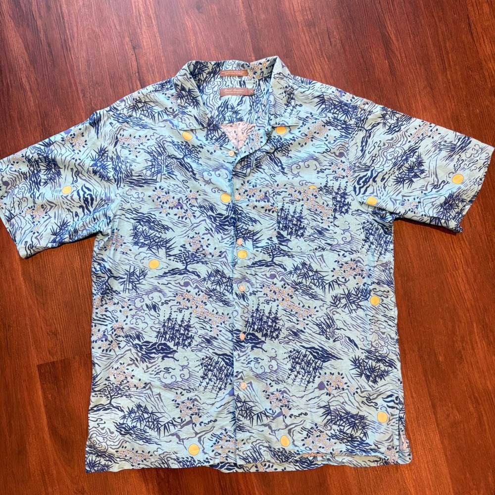 Retro Resortwear Japanese Wave & Sun Print Camp Shirt Men's Large Cotton Tencel